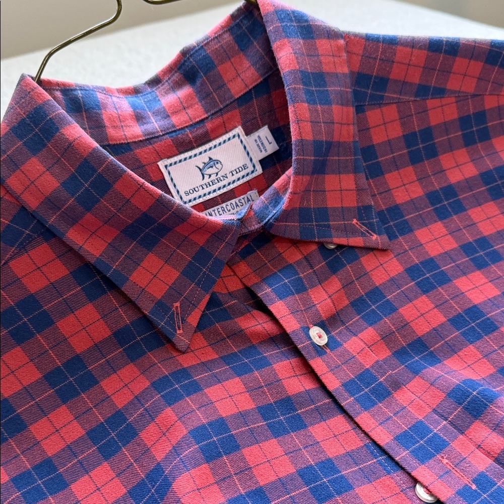 Southern Tide Men's Checkered Red and Blue Shirt